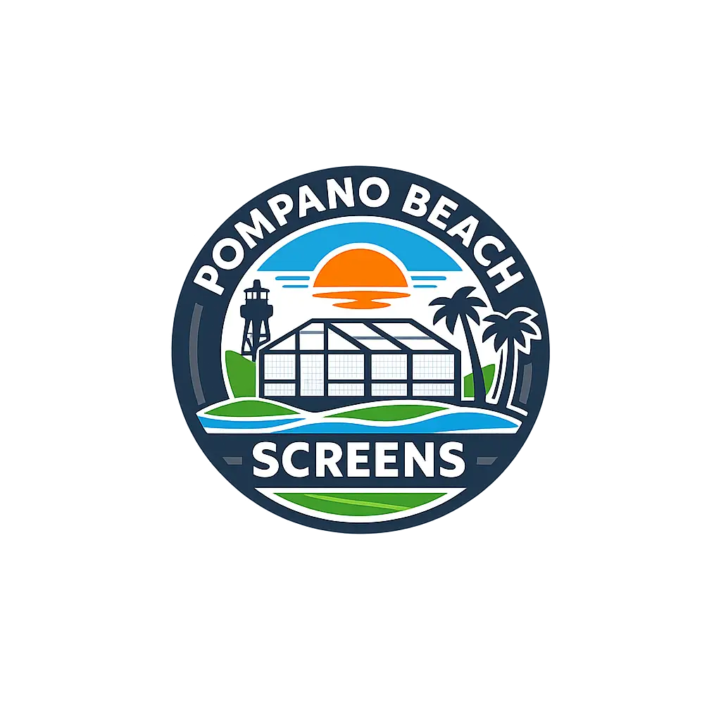 Pompano Beach Screens logo featuring a pool screen enclosure, palm trees, and sunset.